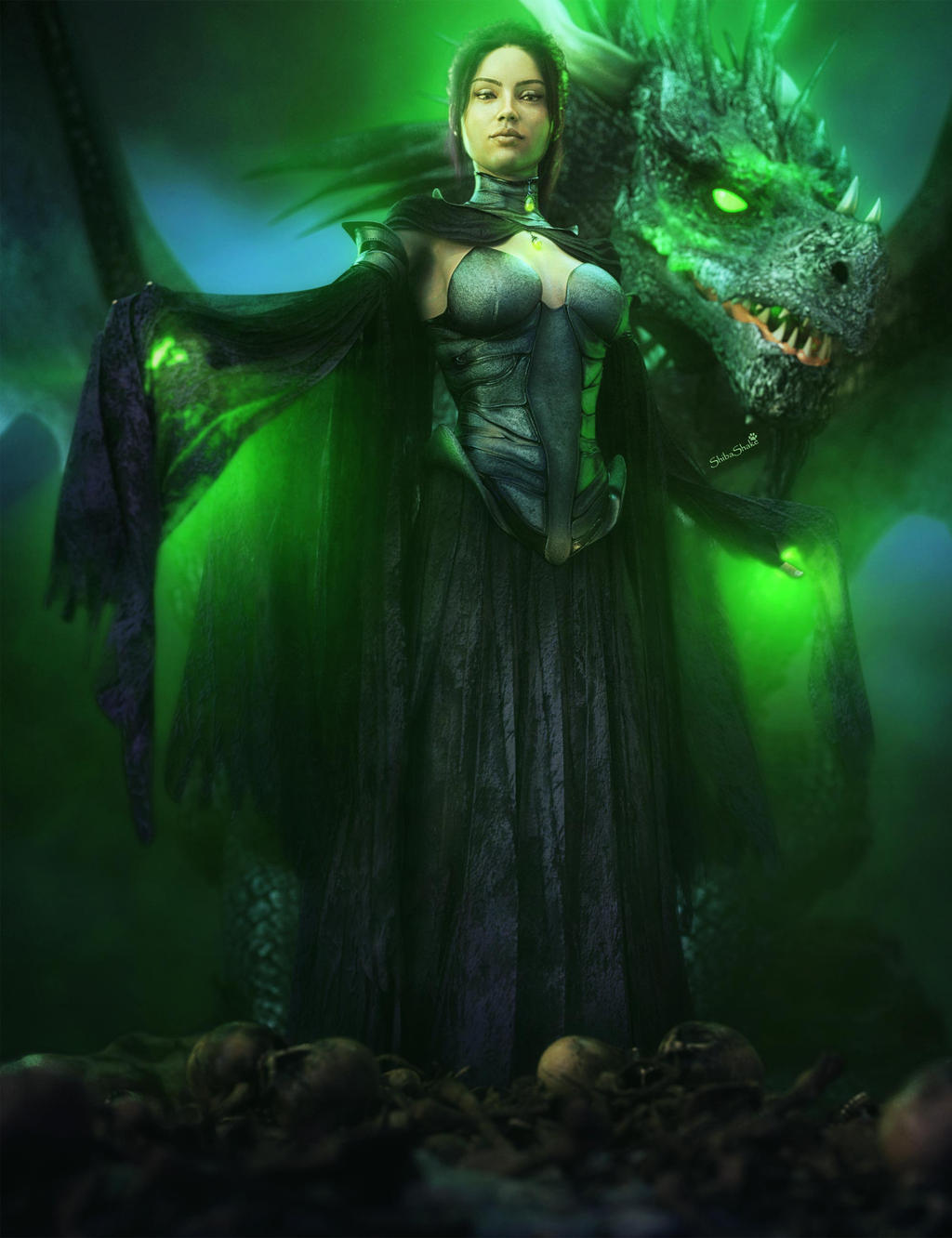 Evil Queen + Black Dragon, Fantasy Iray 3D-Art