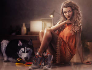 A Girl and Her Siberian Husky Dog, Fantasy 3D-Art