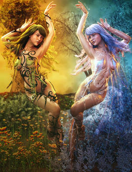 Summer and Winter, Seasons Fantasy Women Art