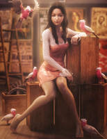 Asian Woman + Pink Parrots, Daz Studio Iray 3D-Art