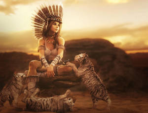 White Tiger Cubs, Native American Girl Fantasy Art