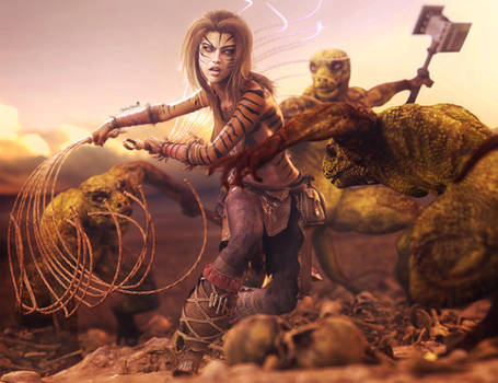 Tiger Girl vs. Lizard-Men, Fantasy Woman 3D-Art