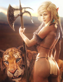 Elf Warrior Girl and Tiger, Fantasy Woman Art