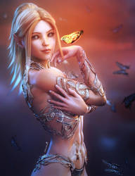 Butterflies, Blonde Fantasy Elf Woman Art, DS Iray