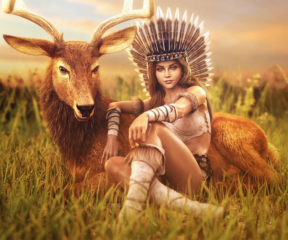 red stag native american woman art iray by daz3d iray lighting