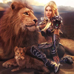 Elf Girl and Lions, Fantasy Woman Art, Daz Studio