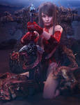 Red Dragons, Asian Girl with Sword Fantasy 3D-Art