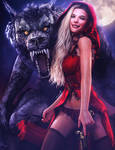 Red Riding Hood and Wolf, Fantasy Woman Art, Iray
