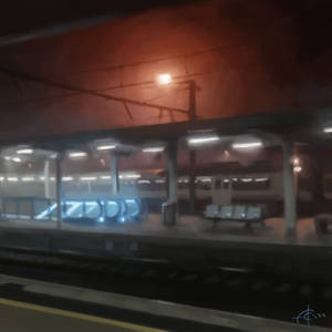 Foggy train station