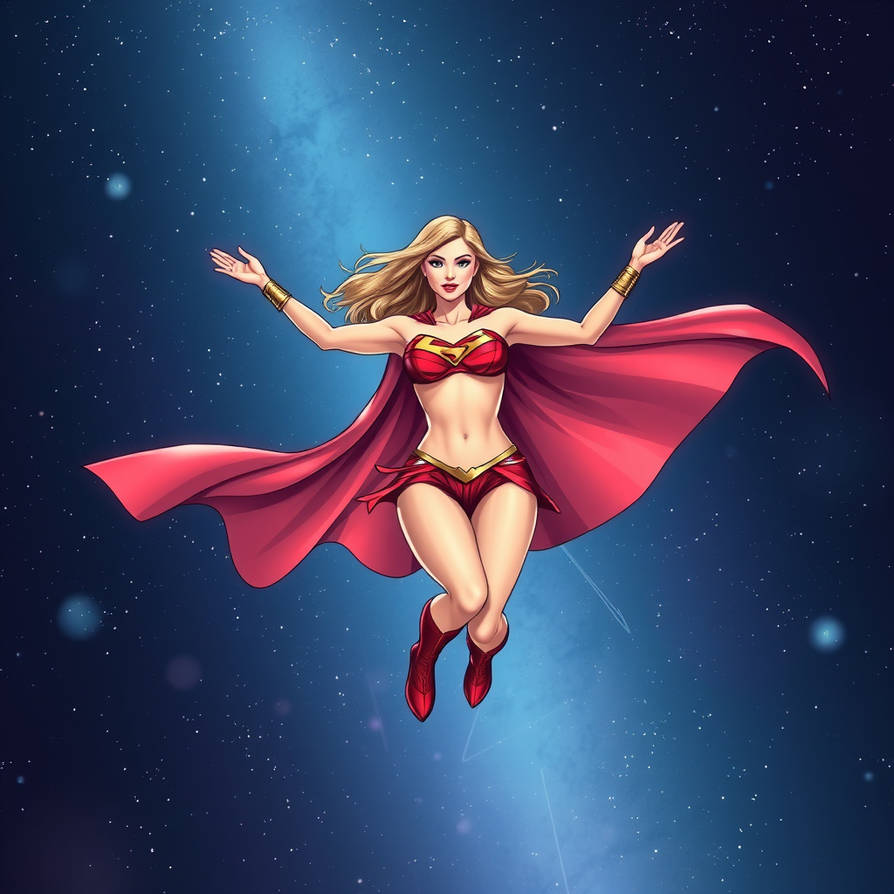 Supergirl in bikini flying ,space background,