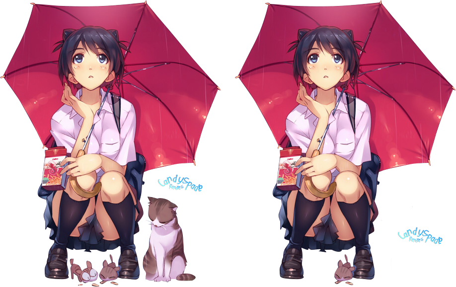 Anime Girl with Umbrella and Cats - Render #69