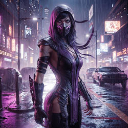 Mileena in a cyberpunk street