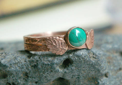 Malachite + Leaves Hammered Copper Stacking Rings