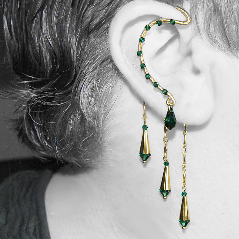 Emerald and gold ear wrap v9- SOLD