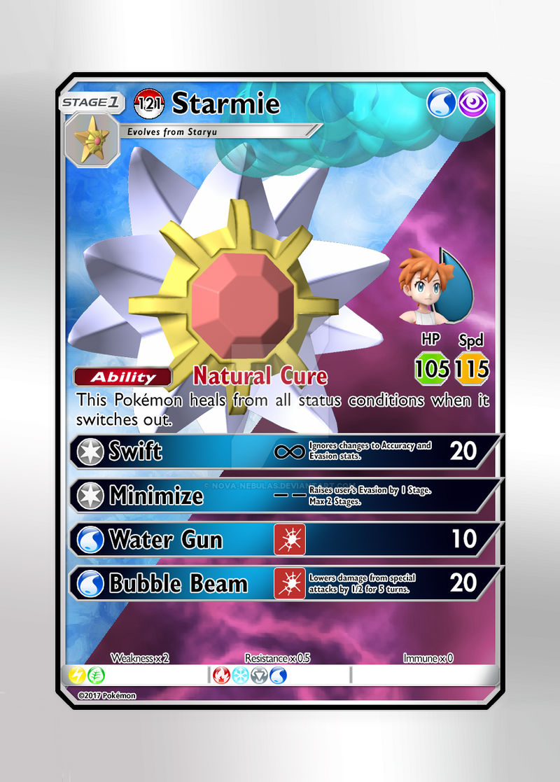 misty starmie pokemon card & Manga Rare (POKE-019) The Fine Kard RarityUncommon Hit Points100 HP Water Abrupt Flash (60+) If this Pokemon evolved from Mistys Staryu during this turn Starmie Card Prices & Value