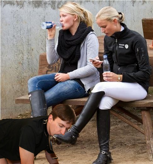 Rich girls getting their boots polished