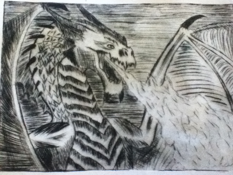 Fire breathing dragon etching