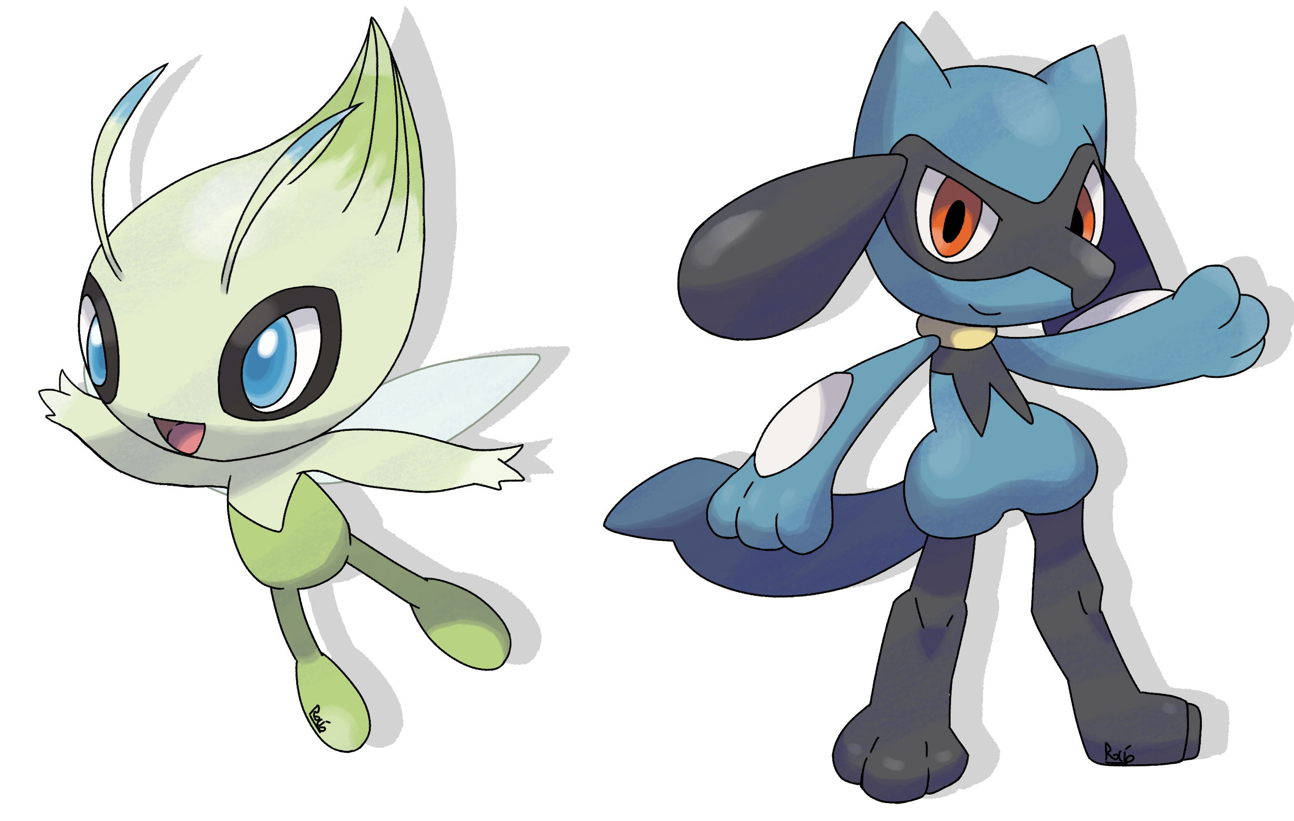 Celebi and Riolu - Sugimori -