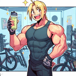 Muscular Edward in a room with a drink