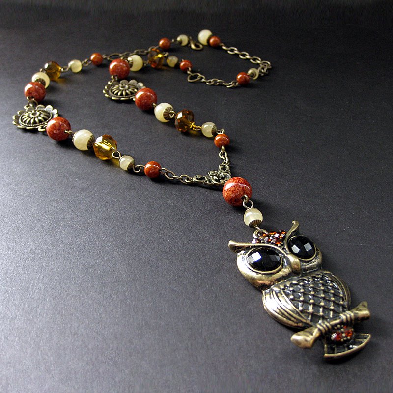 Fossil and Jade Owl Necklace