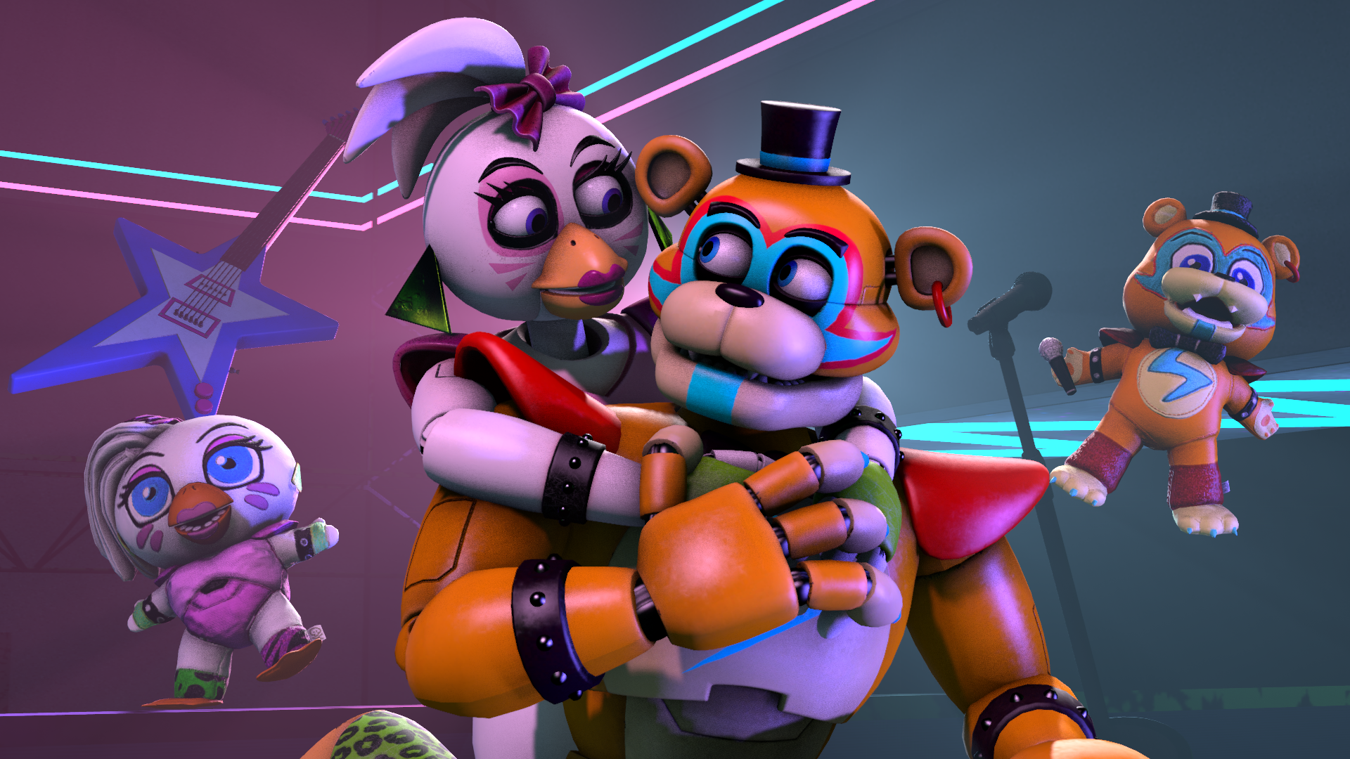 freddy fazbear, glamrock freddy, chica, glamrock chica, and