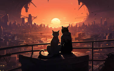 Cyberpunk Cats On The Roof Of The House 4