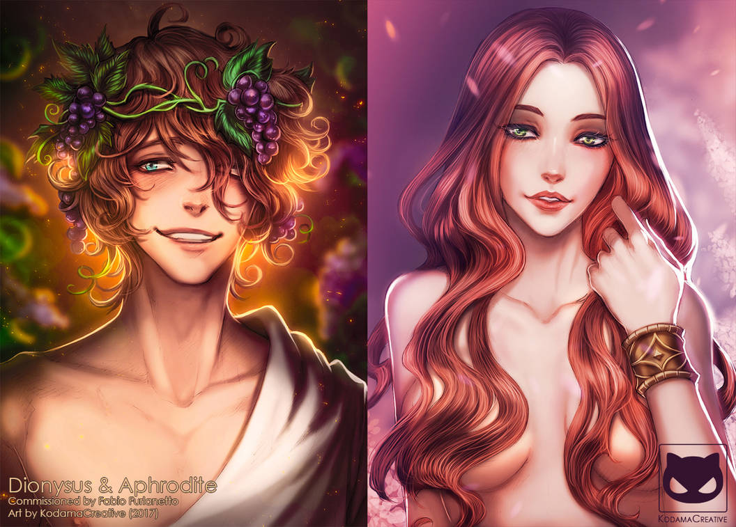 Commission: Greek Gods - Dionysus and Aphrodite by KodamaCreative