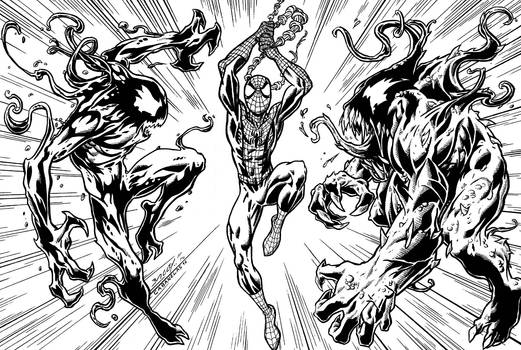 Mark Bagley's Spidey, Venom, Carnage comish, inks