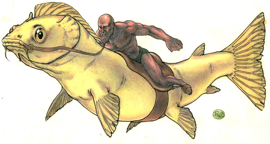 Riding a fish.