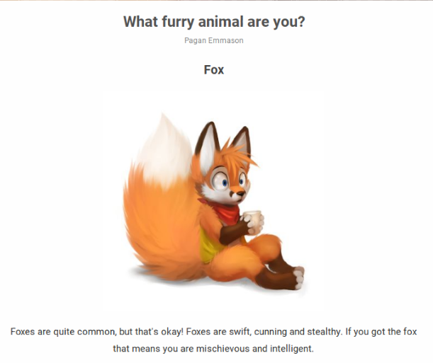 I took a furry quiz (first time) by foxica94 on DeviantArt