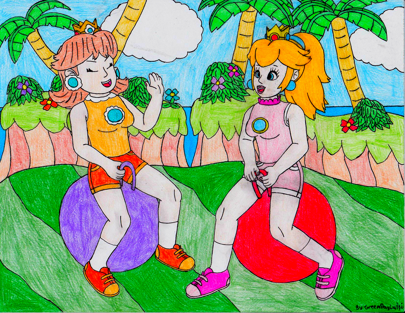 Peach and Daisy on Hop Balls (Request)