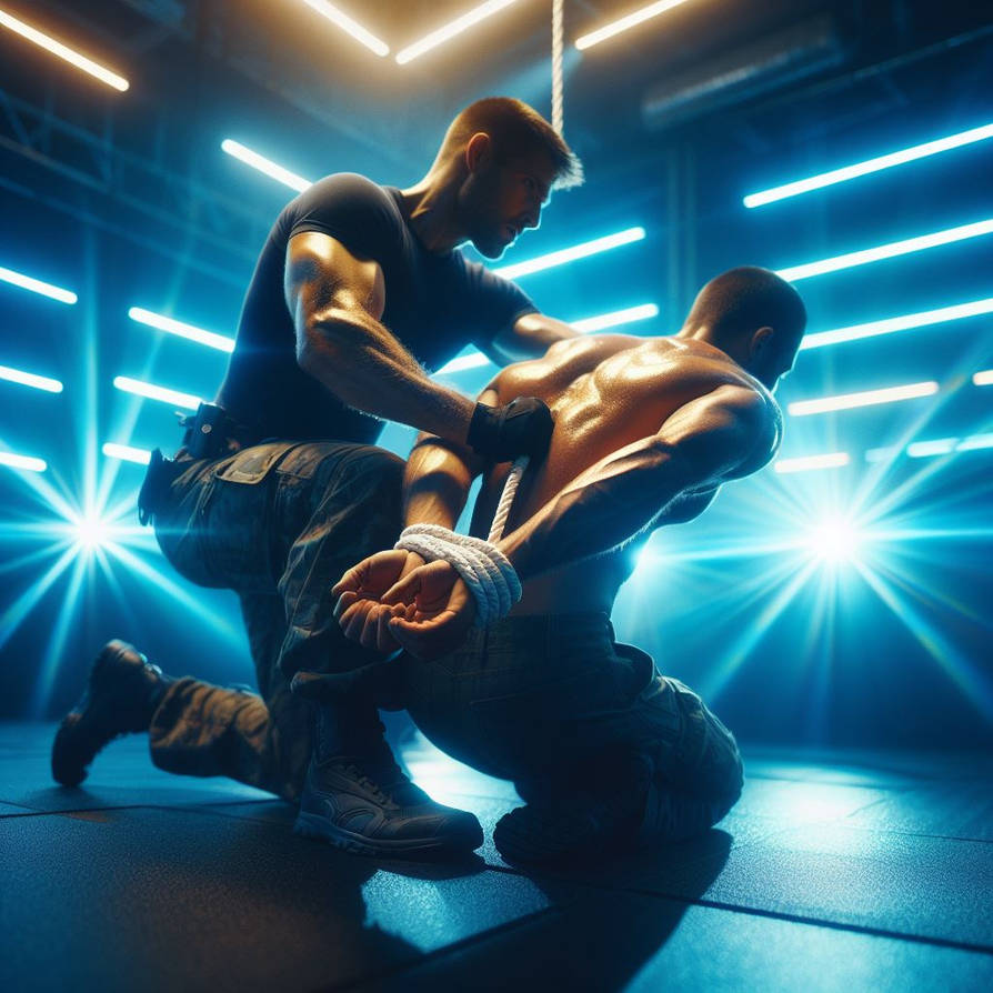 a shirtless guy tied up tightly up at training by cybertied on DeviantArt