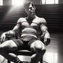 a wrestler with a singlet bulge is tied to a chair