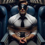 a businessman in bondage on a flight blindfolded