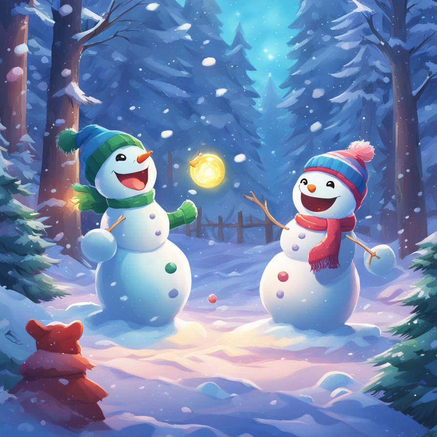 Two snowmen having a snowball fight in the forest