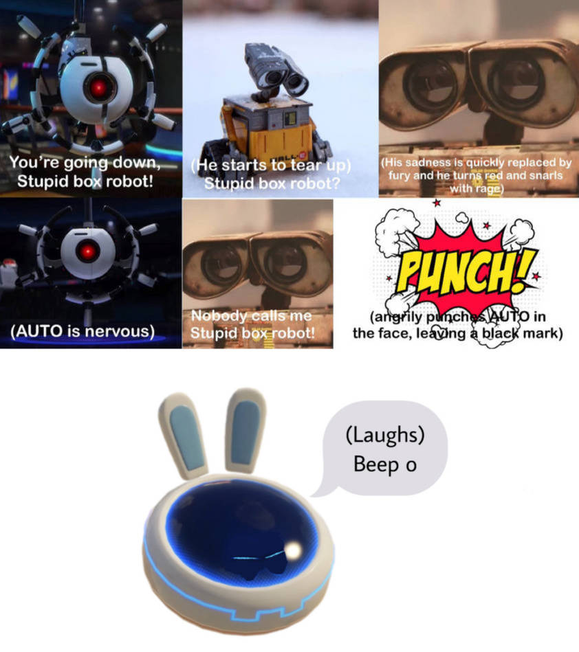 Beep-o laughs at WALL-E punches AUTO by Worldgrandprix3000 on DeviantArt