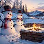 Snowmen enjoying a warm fire!