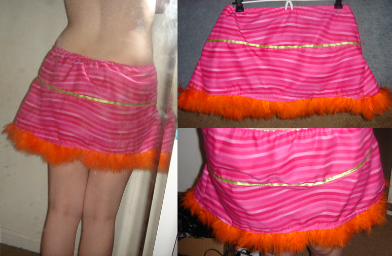 pink stripey skirt.