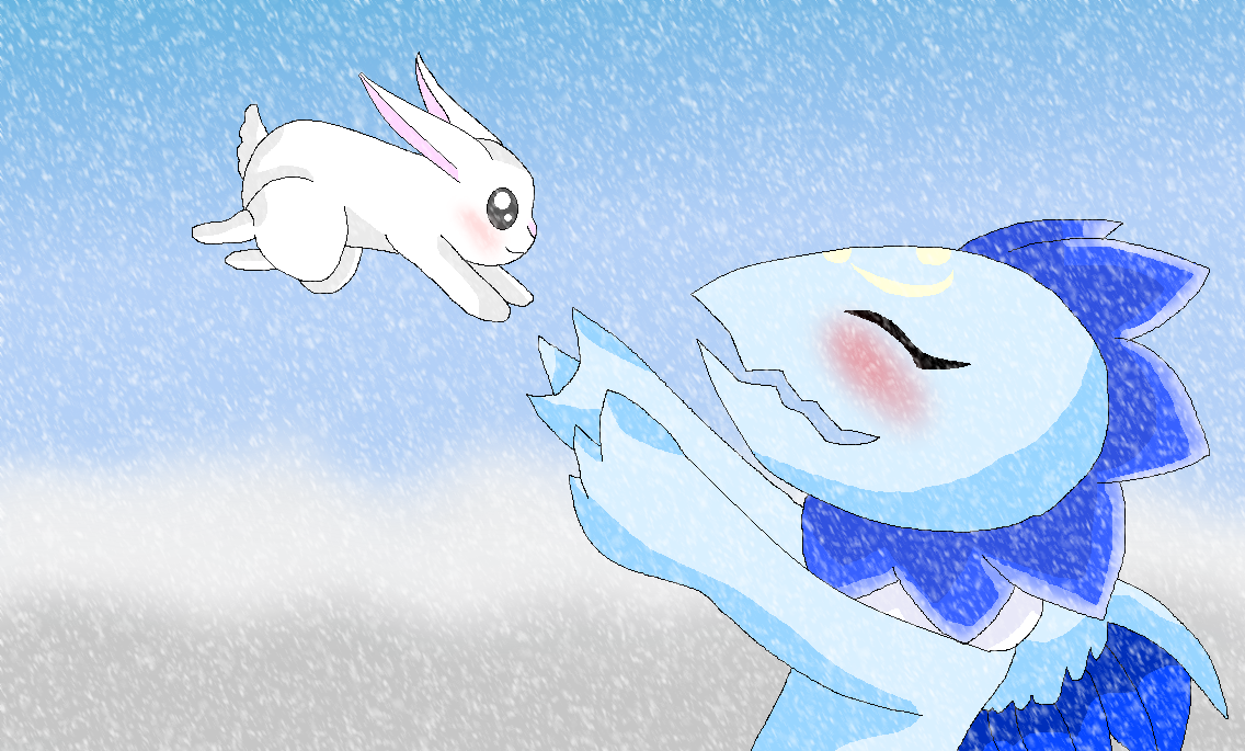 Cottonicemon and the snow rabbit playing