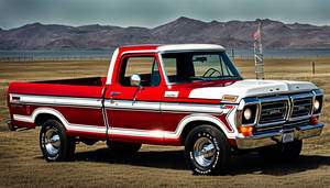 A 1970's Ford F-150 with a two-tone red and white