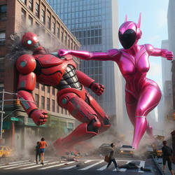 Giantess Pink Ranger defending city against robot