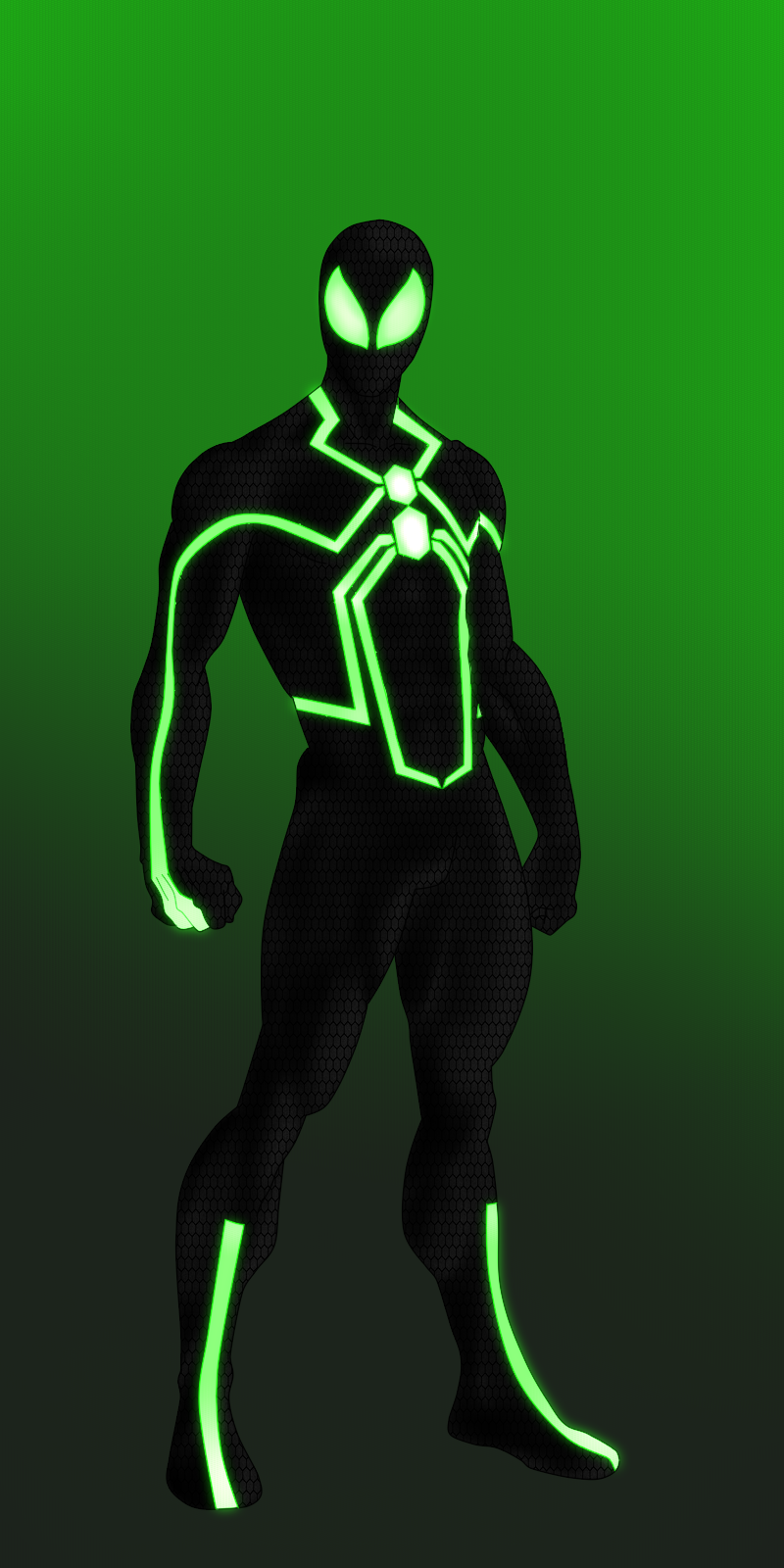 Green and brown spidersona in the style of marvels spiderman