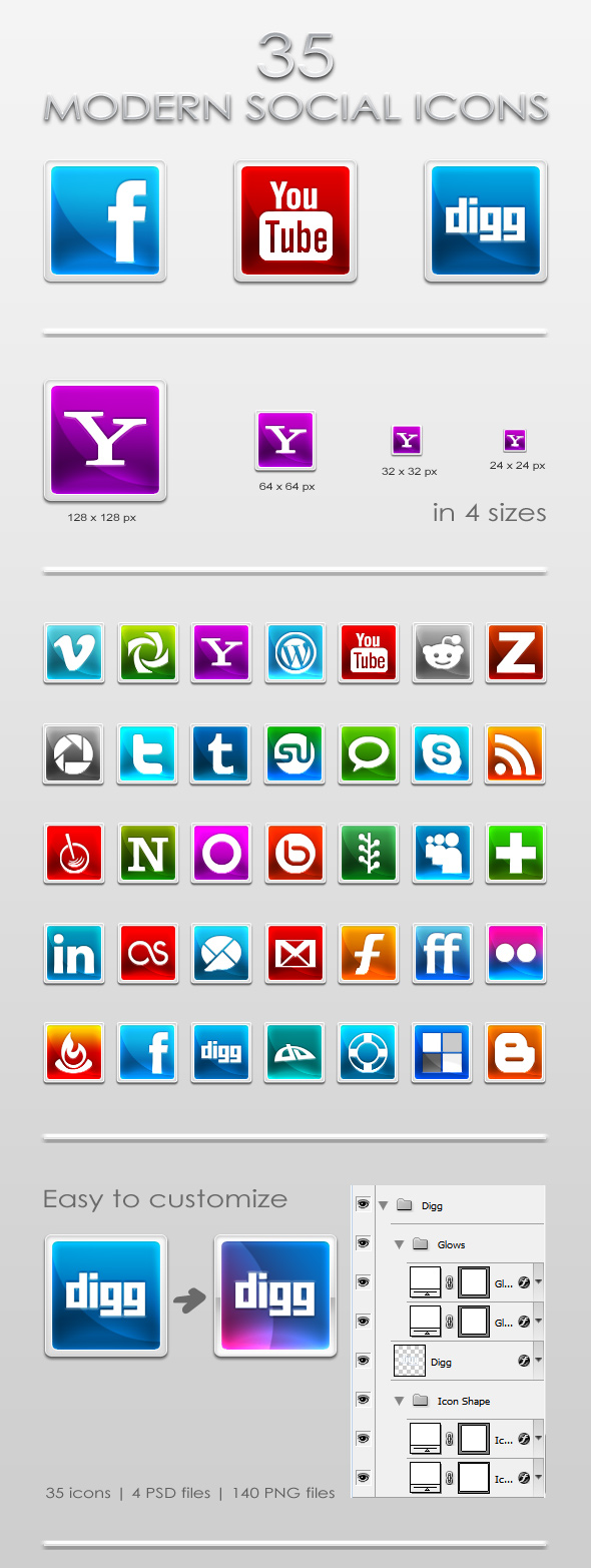 35 Modern Social Icons by ArtoriusGothicus