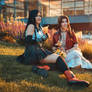 Aerith and Tifa cosplay - meadow picnic