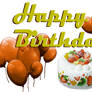 Happy Birthday 1. Cake and balloons. Orange color