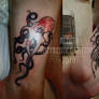 Red octopus and blue jellyfish