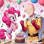 Pinkie pie makes a party for One punch Man Saitama by Meshari7