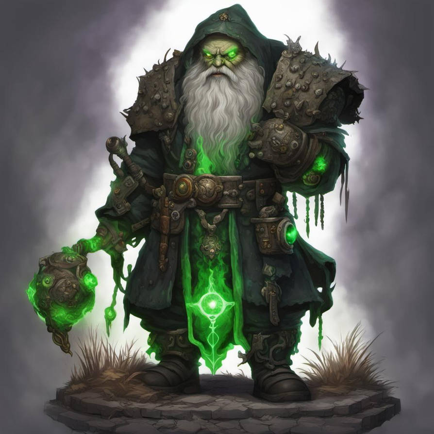 Dwarf necromancer with glowing green eyes