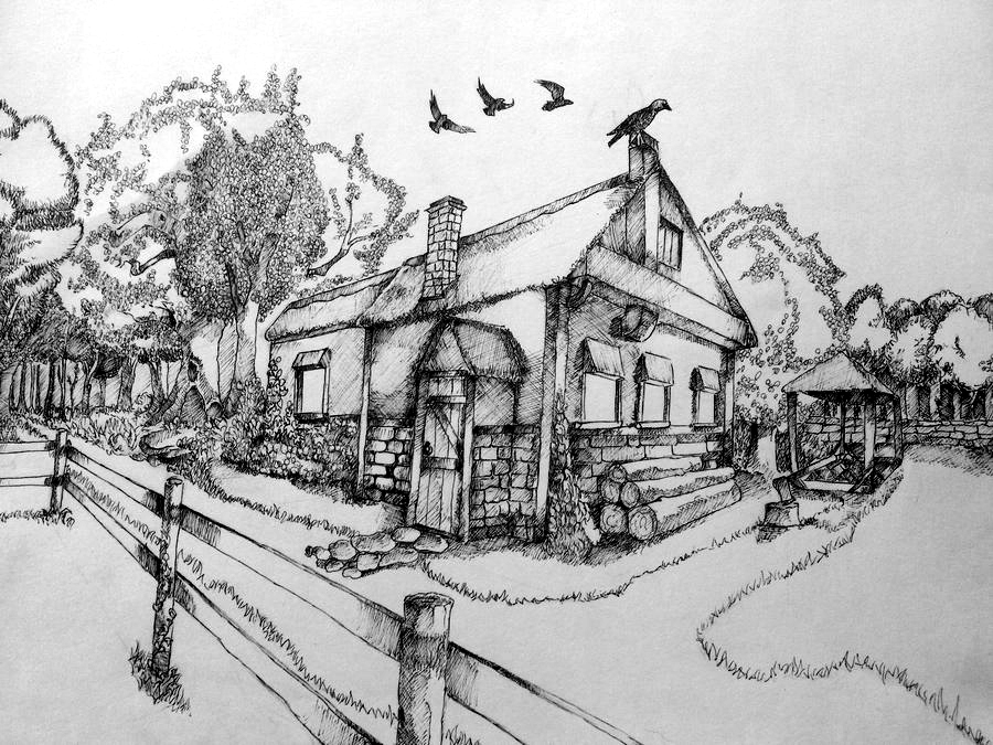 Farmhouse - Pen and ink on paper.