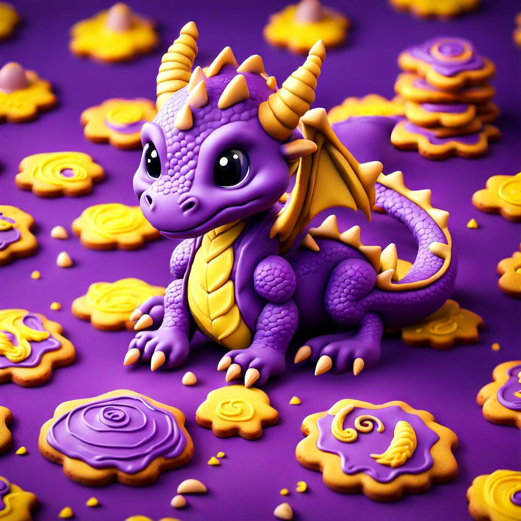 Adorable dragon that is purple and yellow baking c